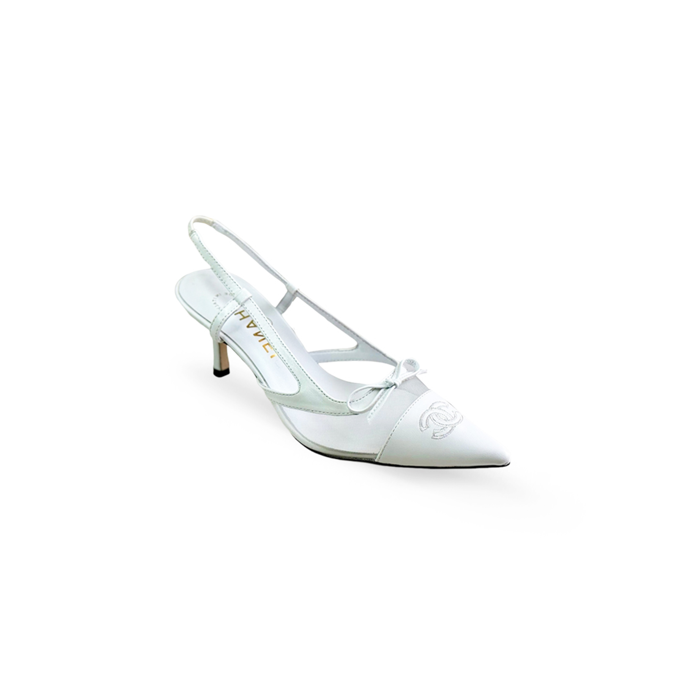 CHANEL WHITE MESH BOW SLINGBACK HEELS